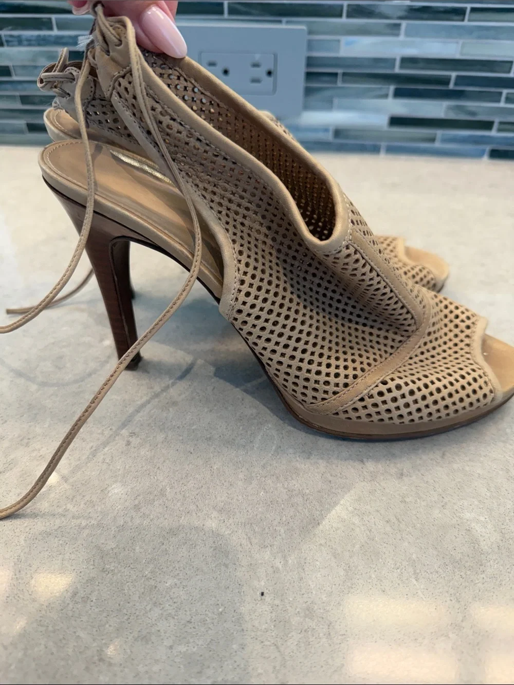 J. Crew Tan Perforated Peep-Toe Slingback Heels